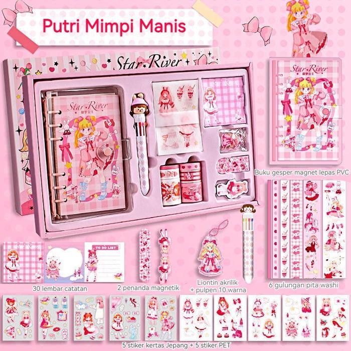 

READY Paket Jurnal Set Diary / Journal kit / Paket set agenda/ Buku catatan set lucu pulpen stiker washi tape lucu imut pastel pink ungu handbook - Putri Mimpi Manis SIAP KIRIM