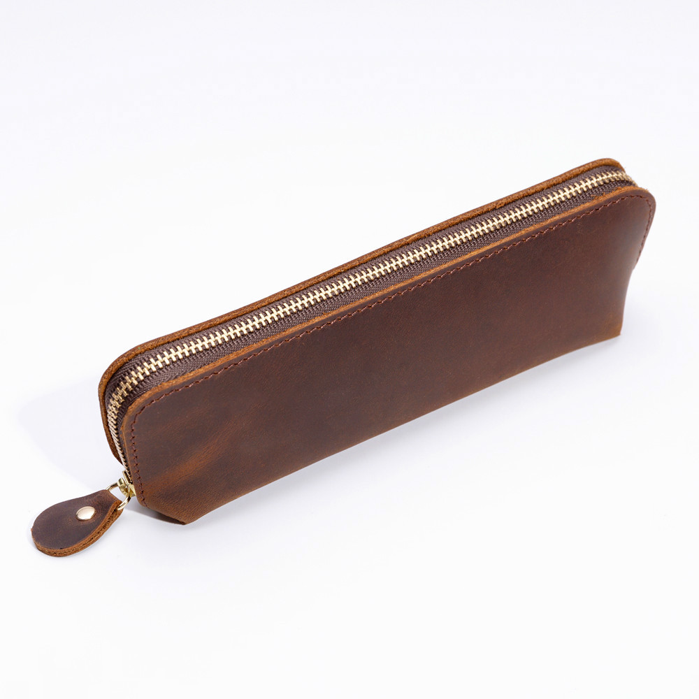 

Vintage Crazy Horse Leather Pencil Case - Handmade Minimalist Stationery Organizer for Office Business