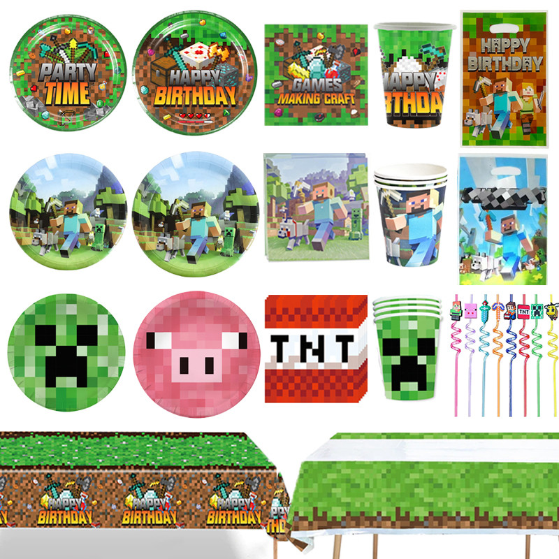 Cartoon World Pixel Game Theme Birthday Party Supplies Pixel Miner Crafting Balloons Disposable Tabl