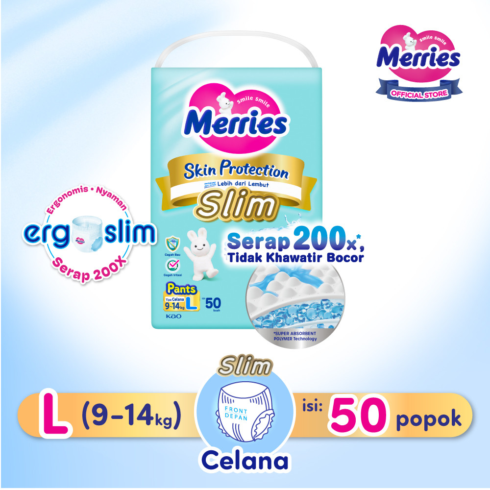 

Merries Skin Protection Slim Pants Popok Bayi Diapers Ergoslim L (9-14kg) Pads / Isi 50