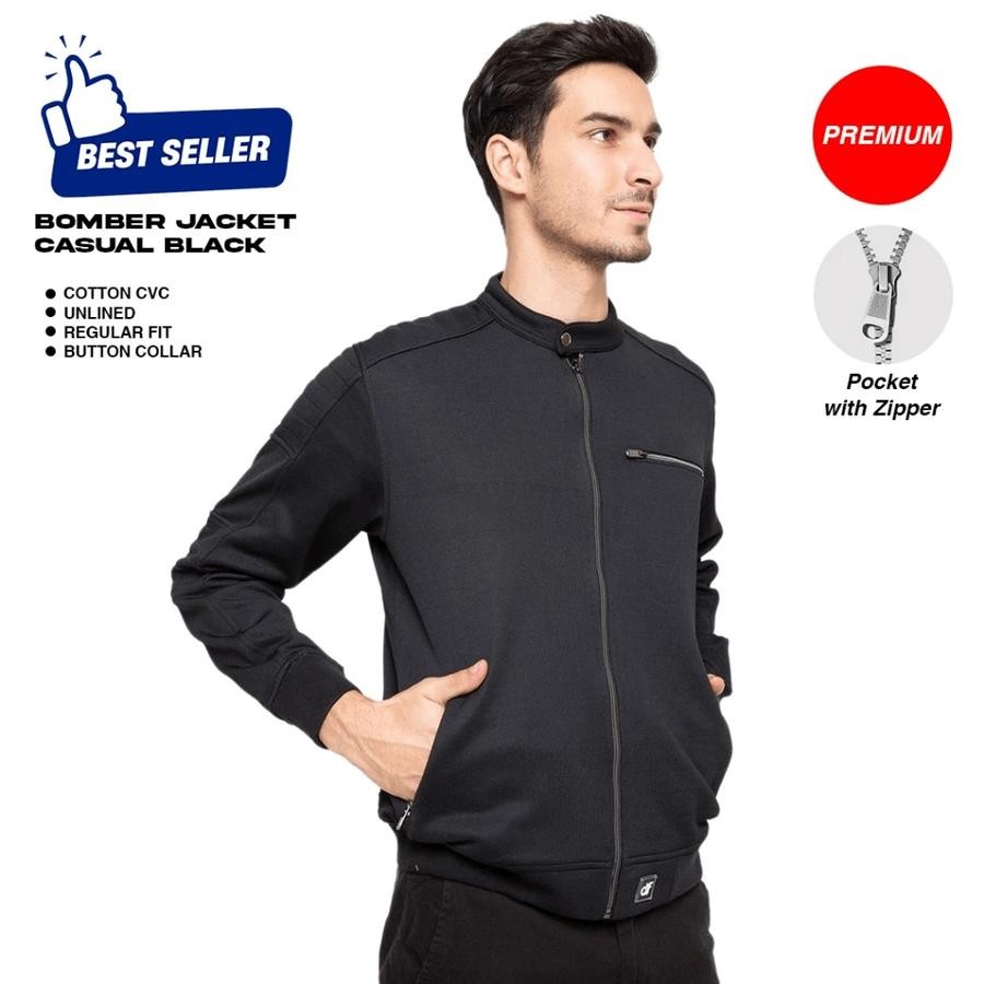 d&f CVC Jaket pria Bomber cut & sewn casual - Hitam
