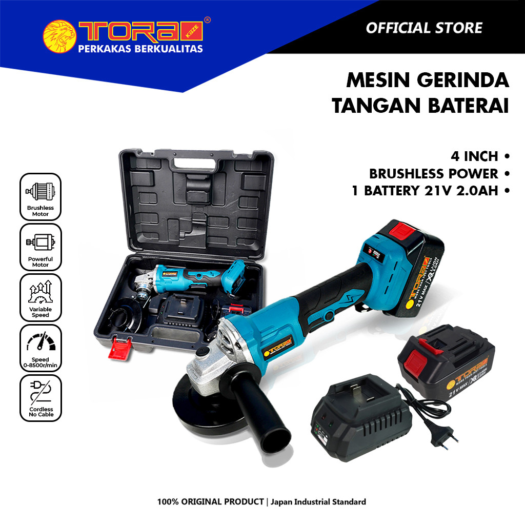 TORA Mesin Gerinda Tangan Baterai 4 Inch 21 V - Mesin Gurinda Portable - Cordless Angle Grinder