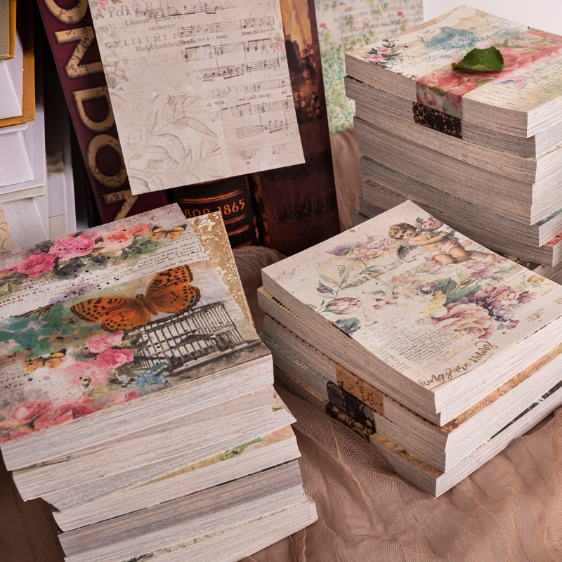 

100sheets Large Size Vintage Scrapbooking Decor Material Papers Background Paper for Journal Diary Craft Retro Stationery
