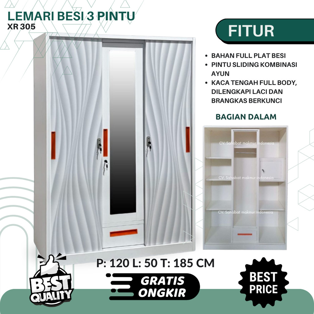 Lemari Pakaian Besi 3 Pintu 120cm - Lemari Besi 3 Pintu Sliding/Ayun Anti Rayap dan Jamur