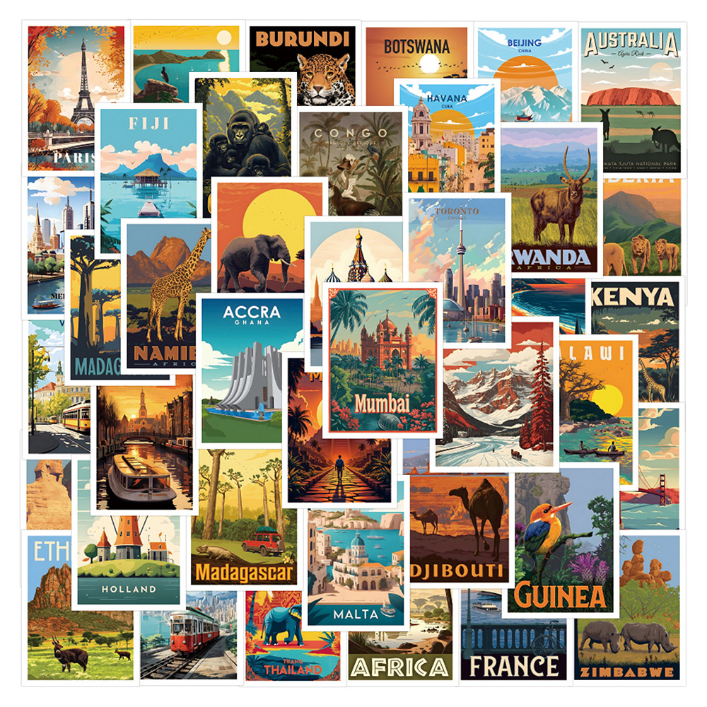 

10/30/68pcs World Travel Country Landscape Cartoon Stickers Aesthetic Decals DIY Phone Laptop Car Waterproof Decoration Sticker