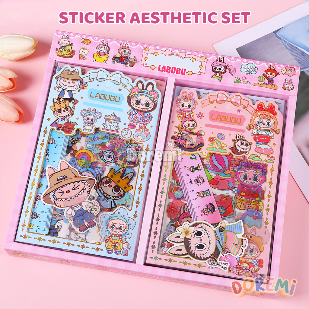 

DOREMI Sticker Aesthetic Set Labubu Melody Kuromi Stiker 4 Lembar Penggaris Keychain Akrilik ATK