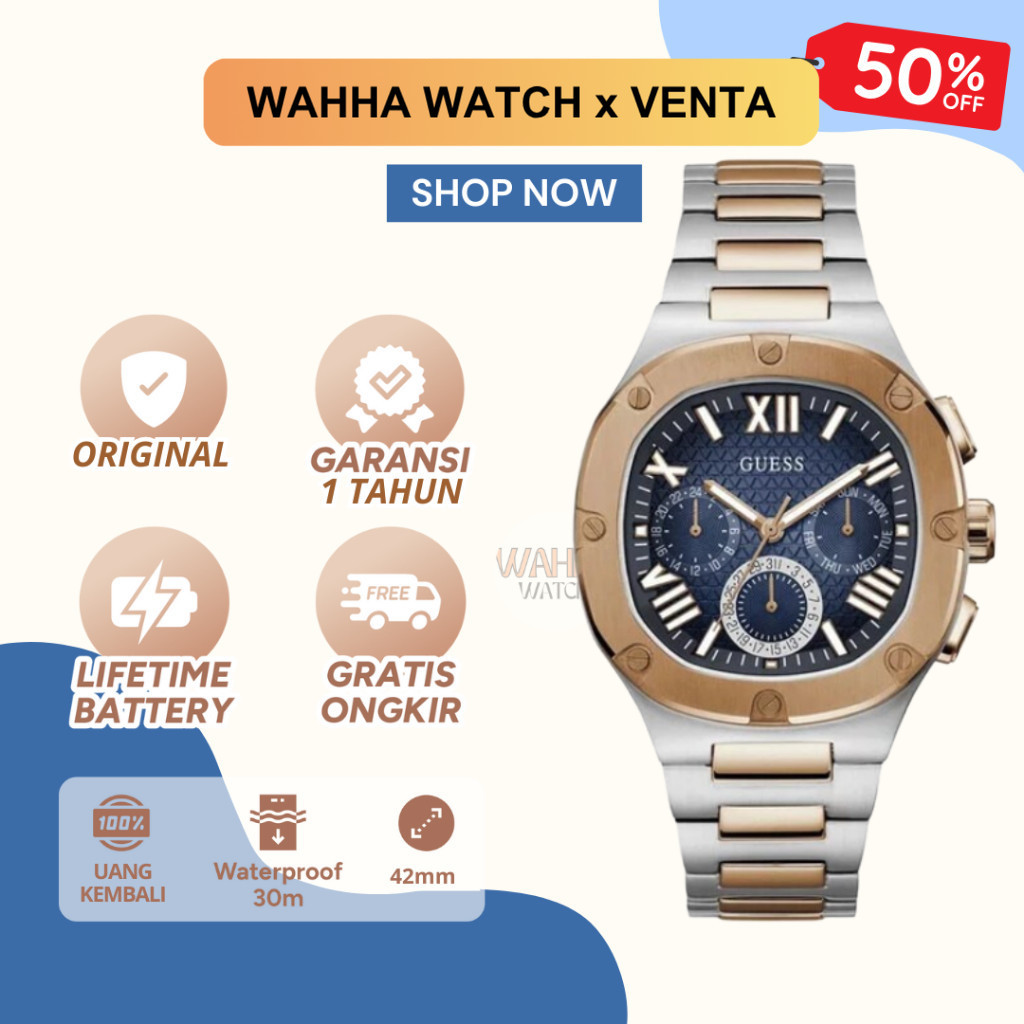 Jam Tangan Analog Pria Guess Headline GW0572G4 Men Blue Dial Dual Tone Stainless Steel  [BERGARANSI]