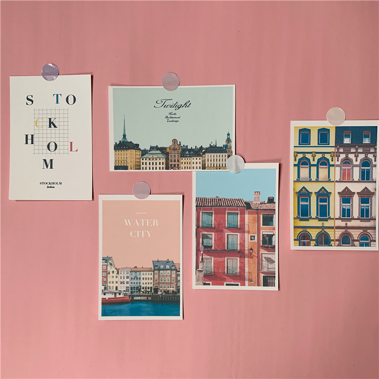 

Pink Retro Waterside Town House Decoration Card 5 Sheets Photography Props Small Poster Diy Wall Sticker Postcard Greeting Cards