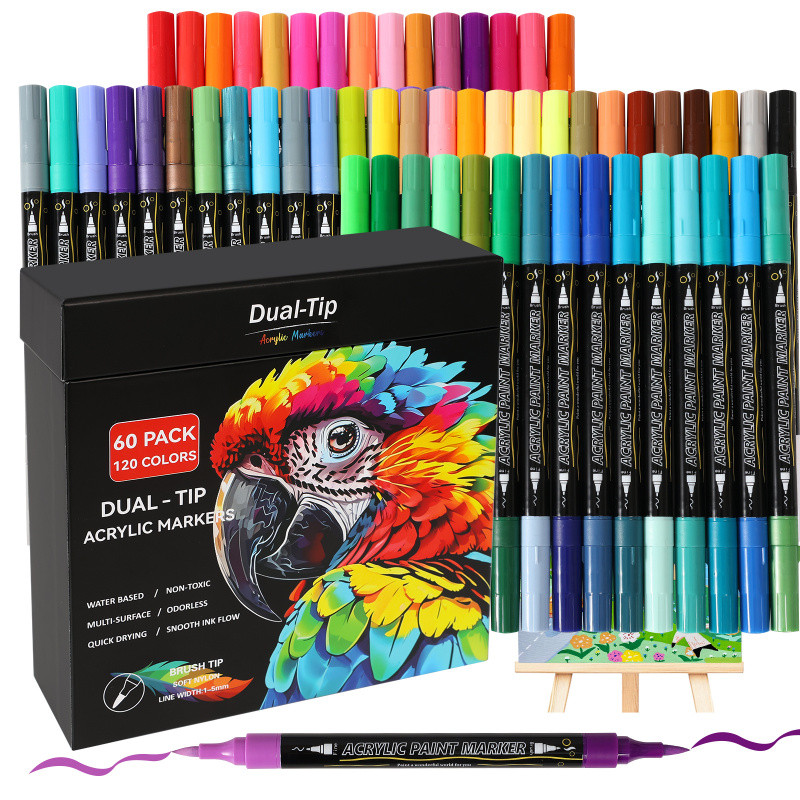 

24-120 Colors Acrylic Paint Markers Set, Dual-Tip Brush & Fine Point - Quick-Dry for Rock Painting, Canvas, Ceramic Art Supplies
