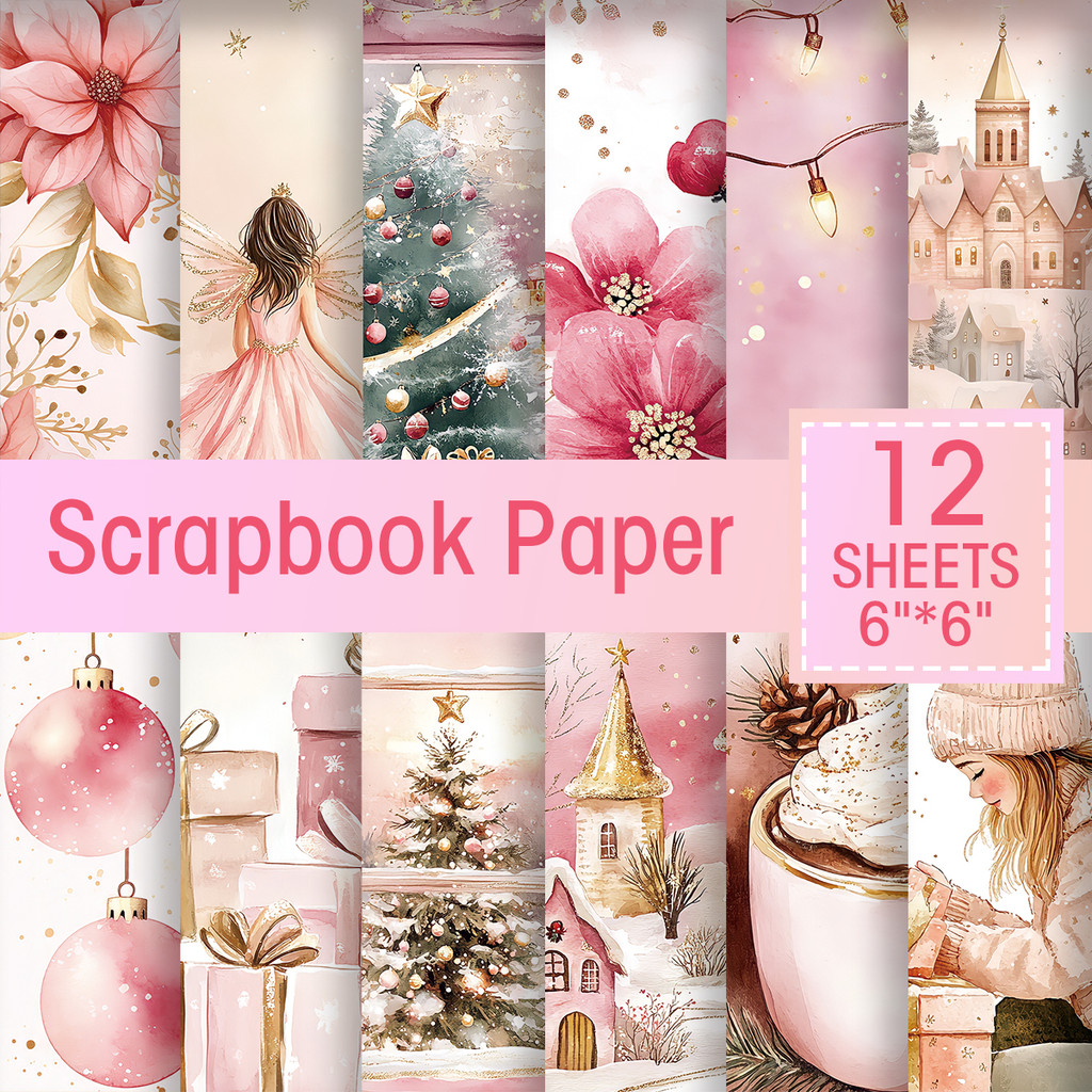 

12pc Vintage Pink Scrapbook Paper,Pink Flower Gift Design Decorative Paper for Journal Background Greeting Card Making
