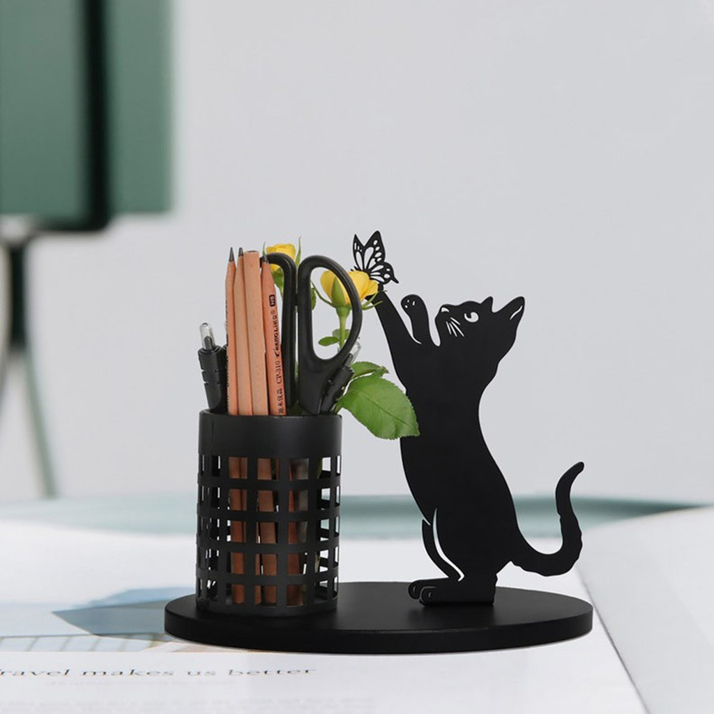 

Standing Black Cat Pen Holder - Metal Gothic Cute Desktop Organizer, Cartoon Pencil Holder for Office