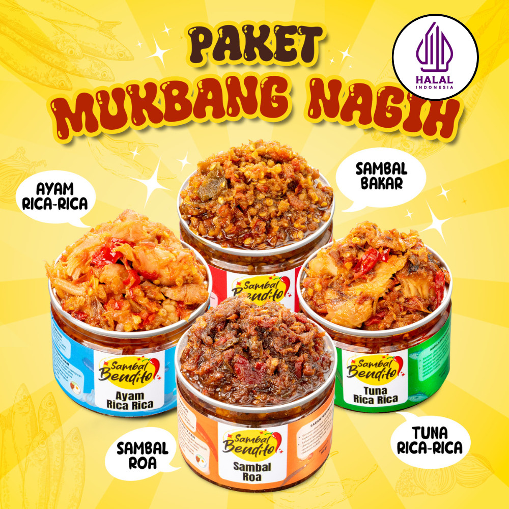 

BENDITO - Paket Hemat Sambal Isi 4 Ayam Suwir Rica Tuna Rica Sambal Roa Sambal Bakar Asli Manado