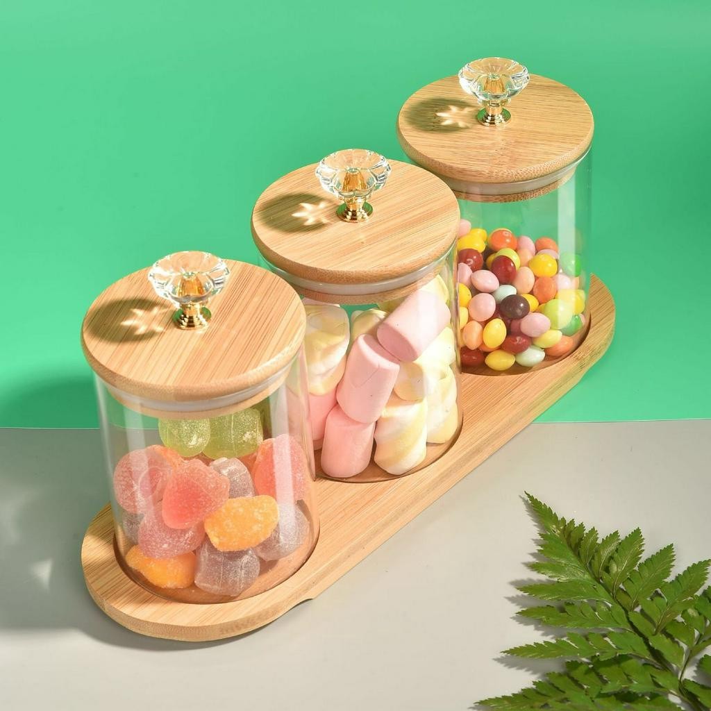 Tempat Bumbu / Candy Jar / Toples Kaca Diamond 3in1 dengan Nampan Kayu