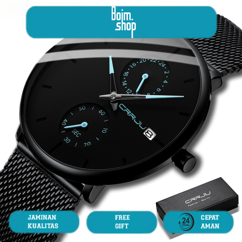CRRJU Jam Tangan Pria Analog Stainless Steel Chronograph Aktif Kalender Otomatis Anti Air Terbaru