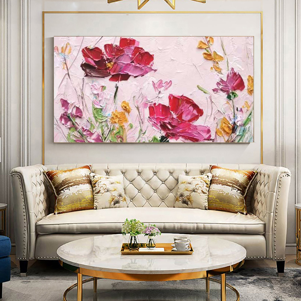 

Hand Painted 3D Red and Pink Flowers Oil Paintings Thick Oil Canvas Painting Flower Wall Art Picture Artwork Living Room Decor