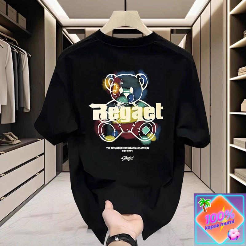 Trend Cetak Beruang Sprey Kaos T - Shirt Pendek Pria Kasual Katun, Modis dan Unik