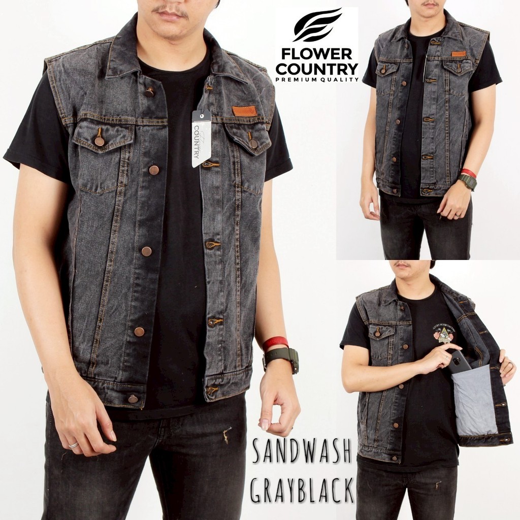Rompi Jeans Pria Big Size Rompi Motor Klasik Denim Sandwash Gray Black Flower Country