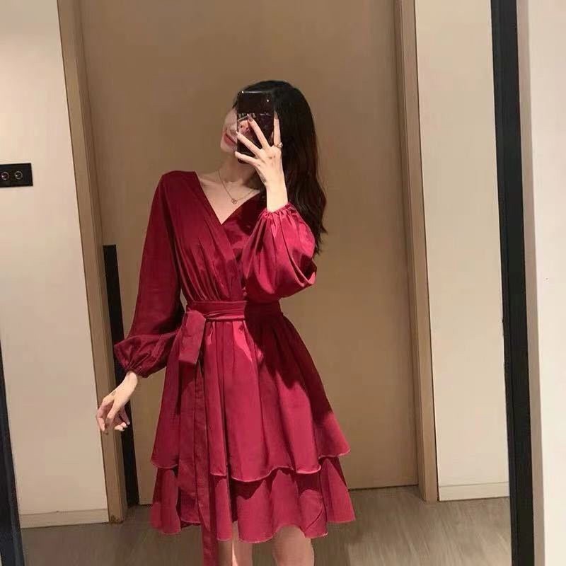 Air Swimwear LK003 Casual Dress Wanita  Gaya Korea Lengan Panjang Warna Hitam dan Merah Mini Dress S