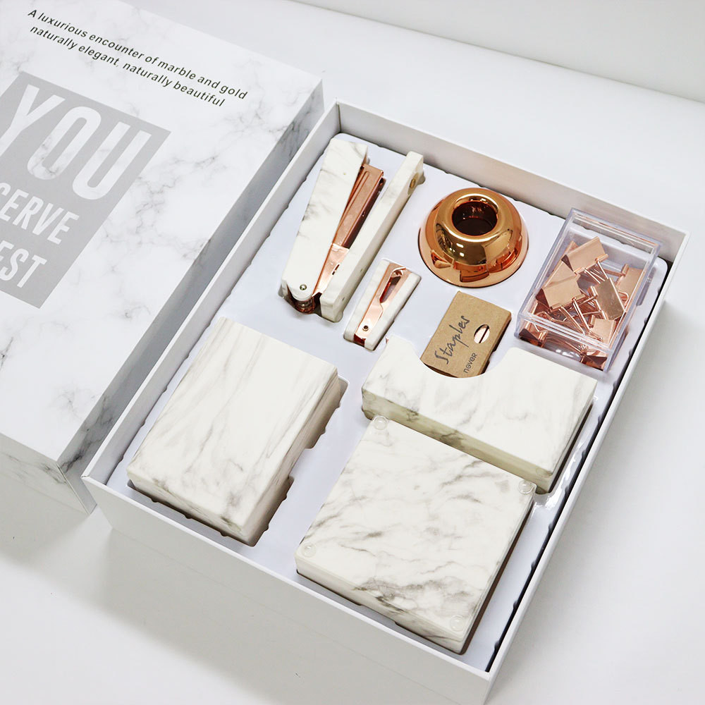 

8pcs Nordic Series Office Set Marble Pen Holder Stapler Tape Holder Toilet Holder Office Stationery Set Tape Cutter Paper Clips