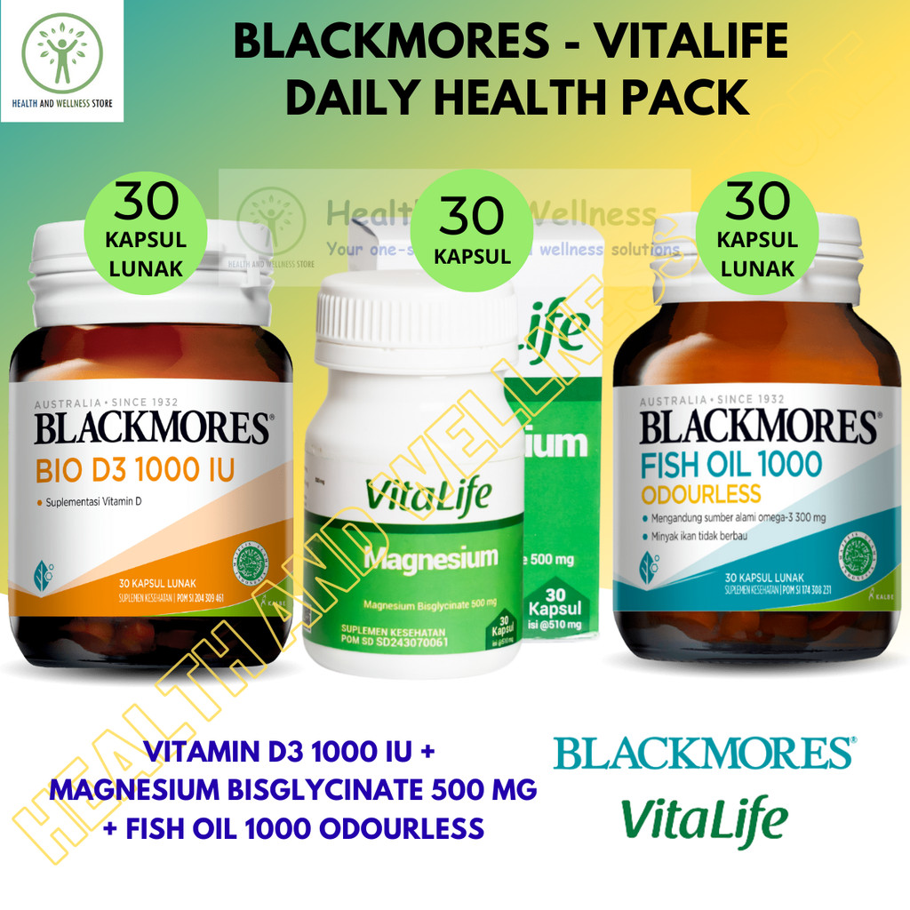 Blackmores Bio D3 1000 IU Fish Oil 1000 Odourless Kapsul Lunak Vitalife Magnesium Bisglycinate 500