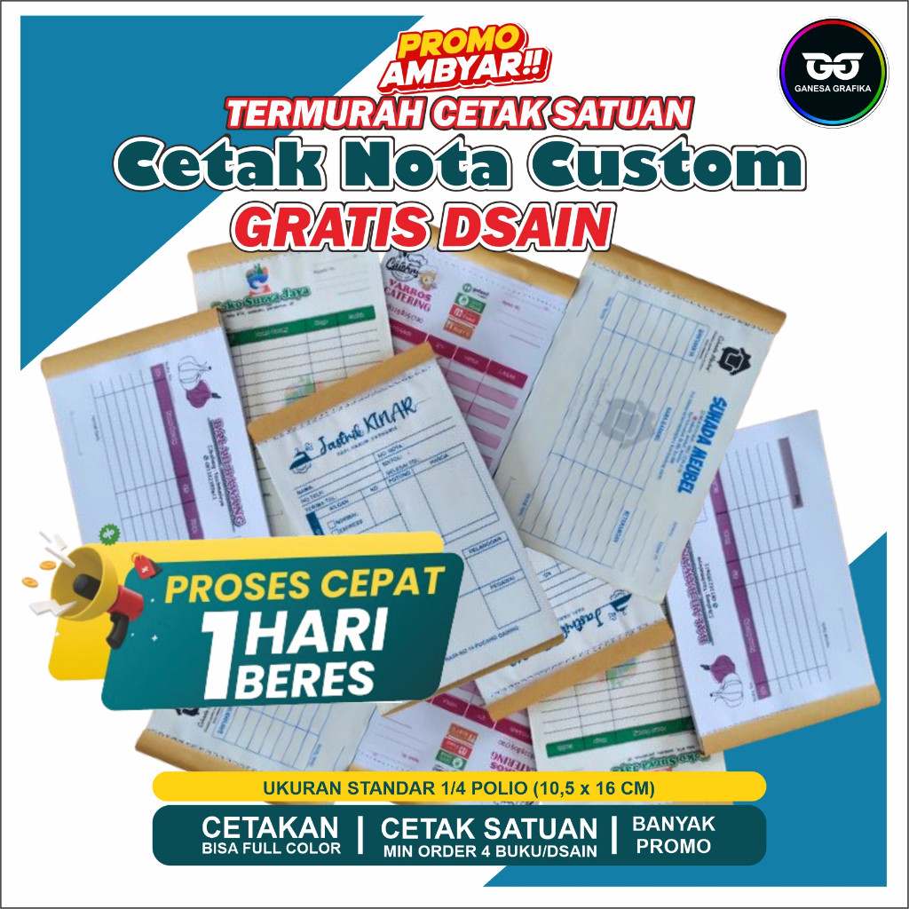 

cetak nota custom 2 ply nama usaha toko sendiri ukuran sedang 1/4 polio GANESA GRAFIKA