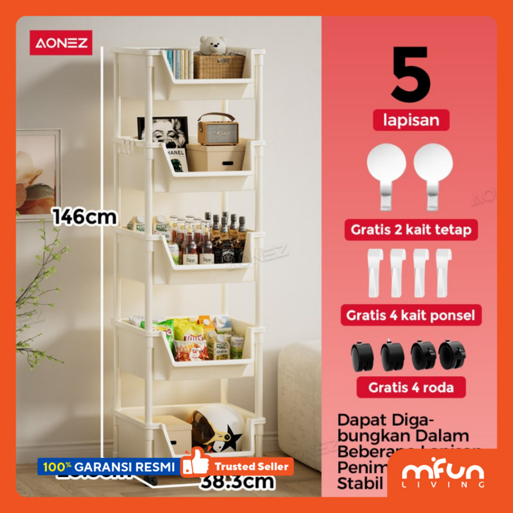 AONEZ Susun Serbaguna Tempat Rak Buku Lemari Buku Plastik Rak Portable Roda Rak Mainan Rak Roda Toy 