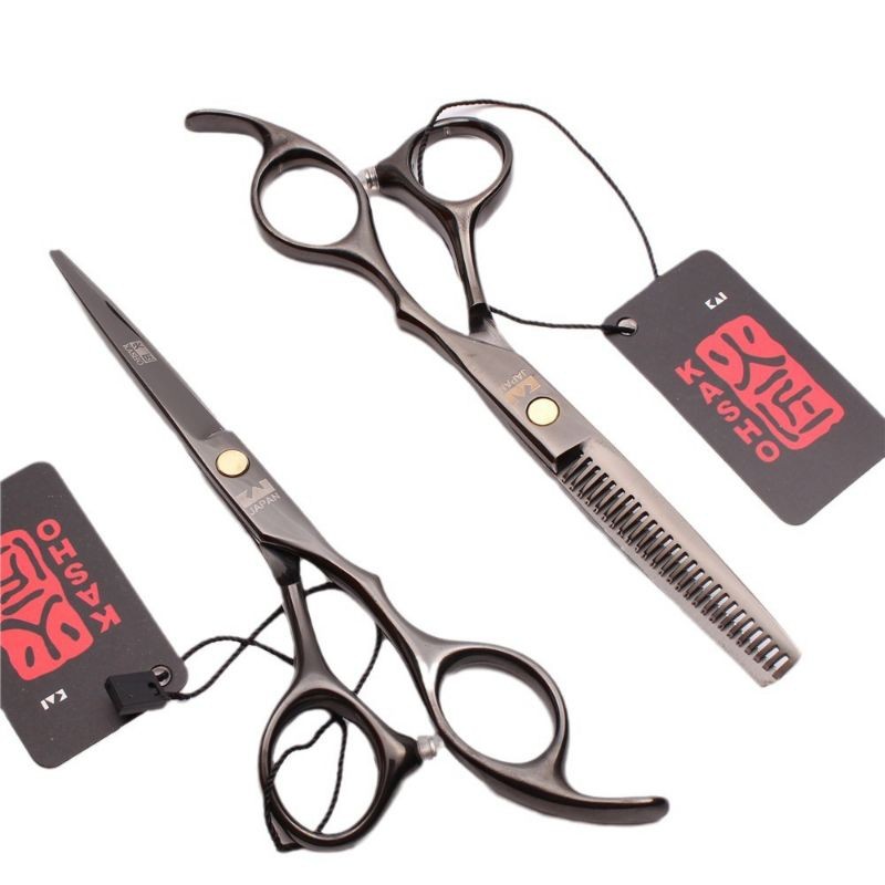 gunting set kasho black original japan ukuran 6 inch gunting lurus dan sasak penipis kai kasho gunti