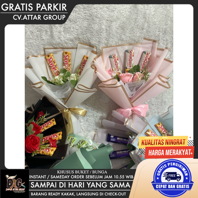 Buket bouquet bucket snack coklat type Coklat dan Bunga Artificial 2 tangkai – untuk Hadiah Wisuda ,