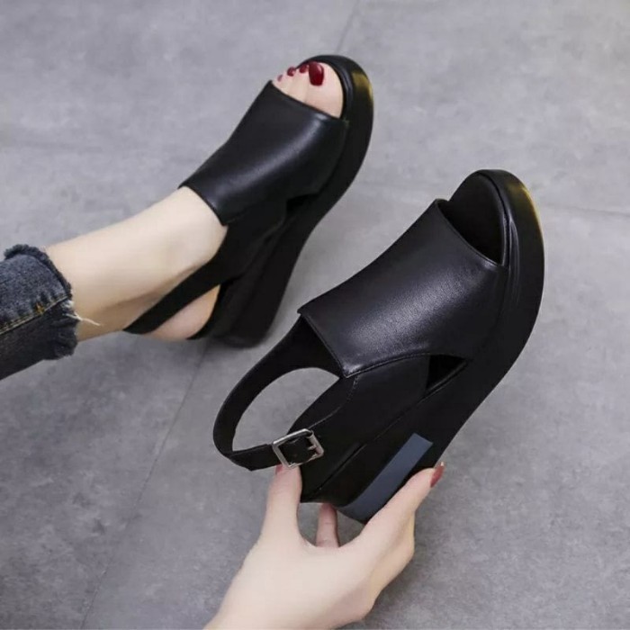WEDGES SANDAL WANITA TINGGI GA09 - Hitam, 37