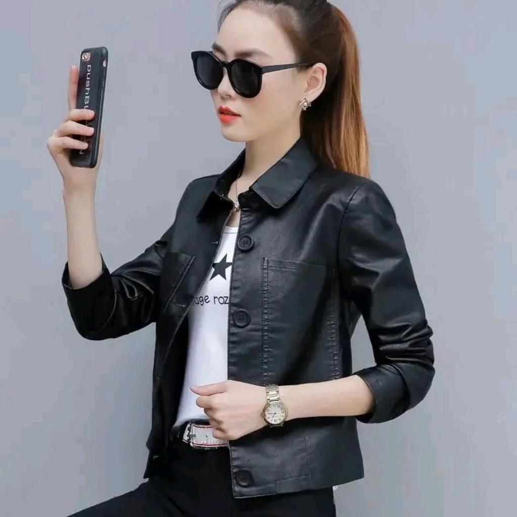 Jaket kulit Blazer Kemeja Wanita Crop Top Pendek Korean Style Gaya Trendy Outer Casual Hitam ootd Ou