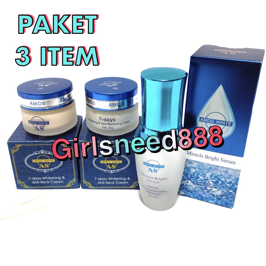 Paket Hemat 3 in 1 Amos White Day Night Cream & Facial Miracle Bright Serum GirlsNeed888 Amos White 