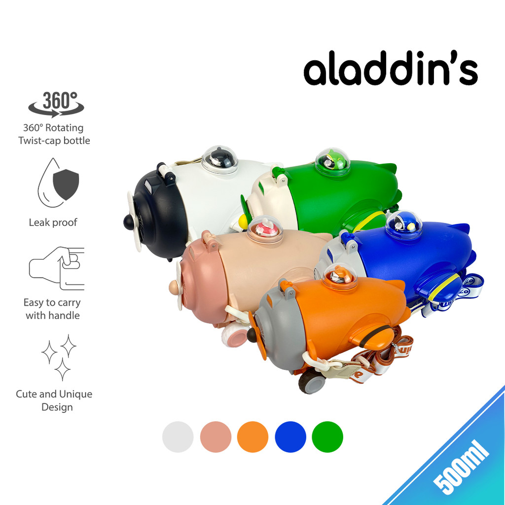 aladdin's Botol Minum Anak Viral Karakter Helikopter / Pesawat dengan Sedotan dan Tali 500ML BPA Fre