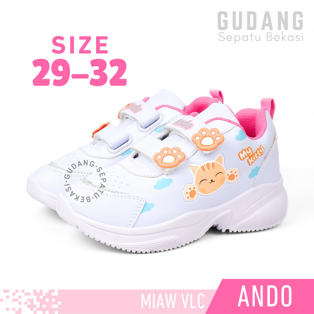 Sepatu Sekolah Perekat Anak Perempuan Balita PAUD TK SD Kelas 1 Ando Miaw Putih Pink Size 29-32