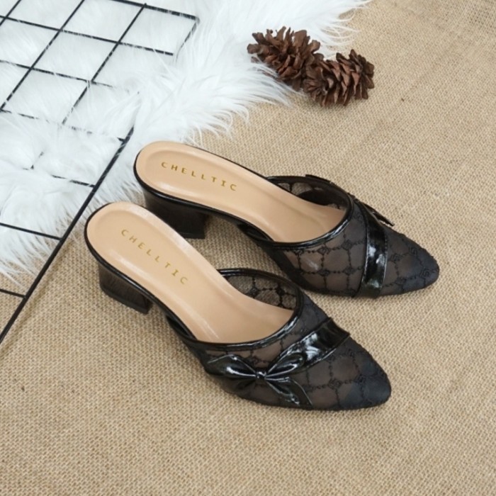 ✨NEW✨ -High Heels Wanita Sandal Hak Tahu Brokat Remaja Terbaru 2021 CHELLTIC - Hitam, 36