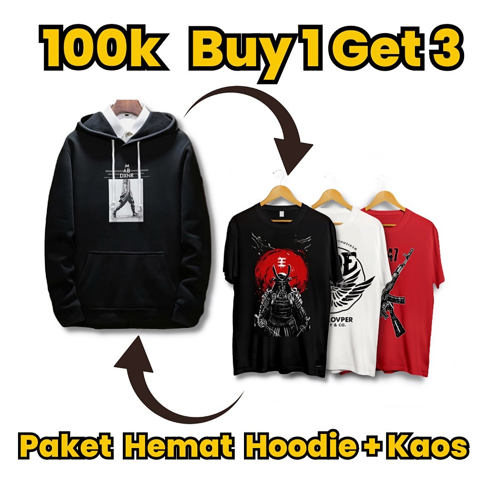 Paket Jaket Pria Keren Sweater Distro Buy 1 Get 1 Cowok Paket Setelan Kaos dan Hodee Aesthetic Tebal