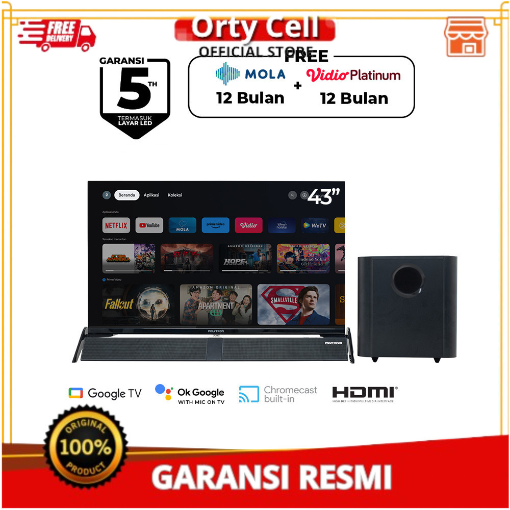 Polytron TV Smart Android Soundbar 43 Inch Digital LED PLD43BG5959 / PLD 43BG5959 Garansi resmi