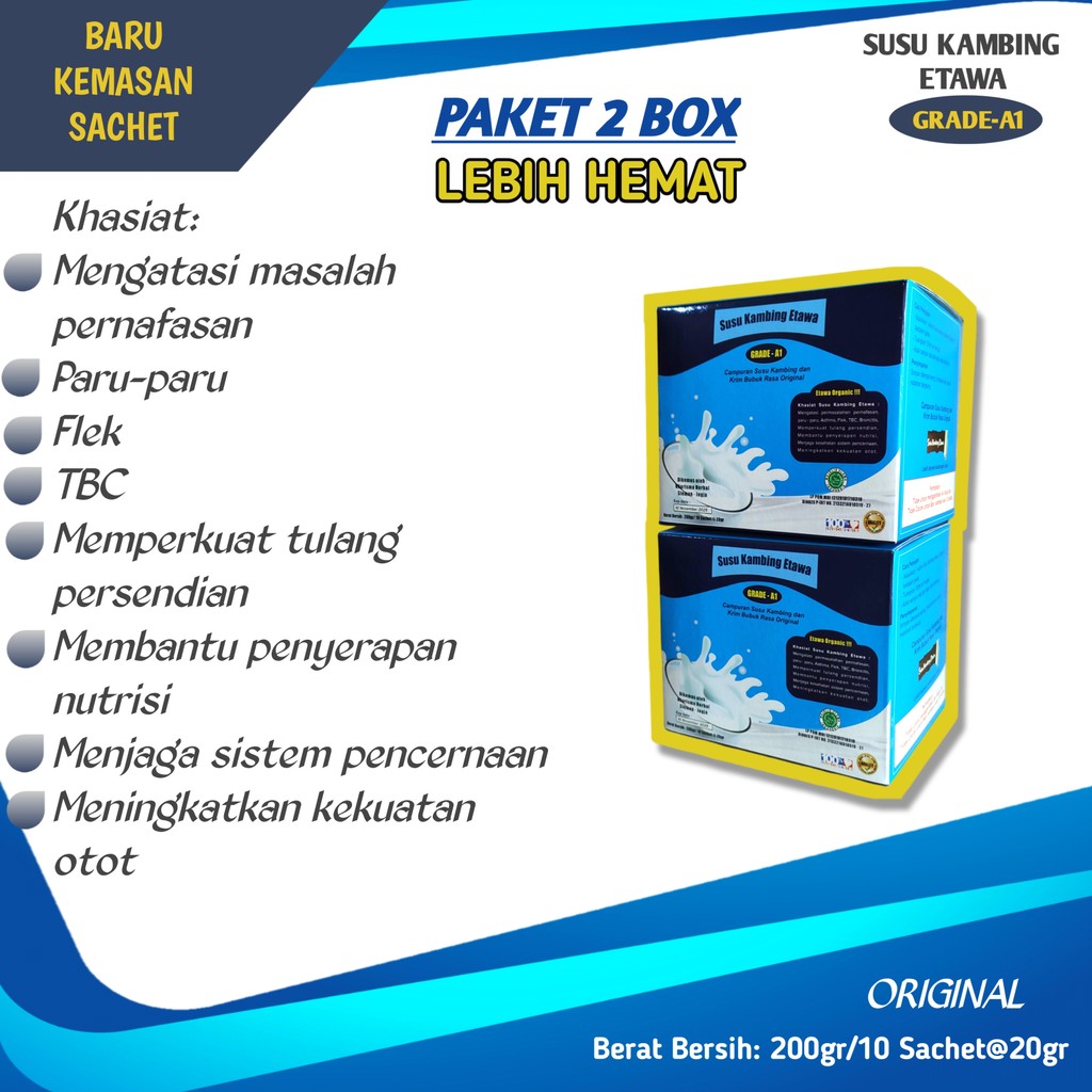 

Paket 2 box Etawa Grade A1 Susu Bubuk Kambing 1box skygoat isi 10 sachet