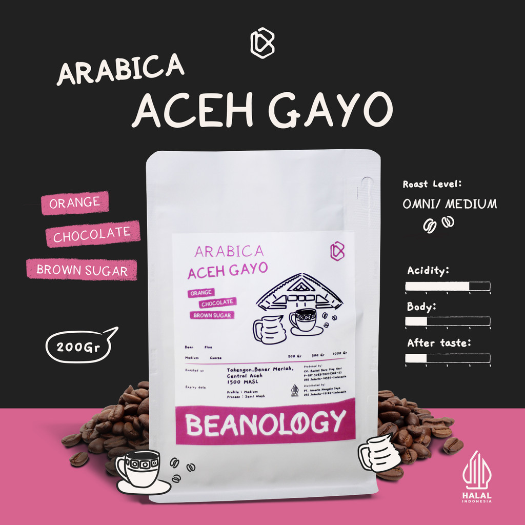 

Biji kopi bubuk Arabika Aceh Gayo 200G Single Origin Grade 1 Coffee Roasted Bean -Beanology Coffee