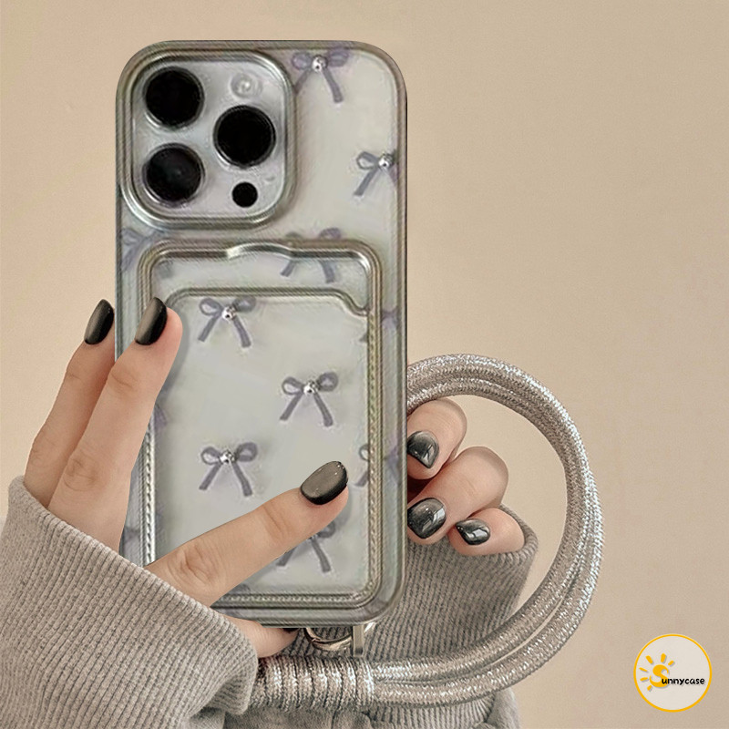 Casing Tali Gantungan Kartu Kredit Perak dengan Simpul Pita Sederhana Kompatibel untuk iPhone XR 15 