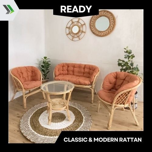 KURSI BAHAMA ROTAN ALAMI 1 SET + BANTAL MEJA PAKE ANYAM/ MEJA KACA / SOFA KURSI ROTAN ASLI MINIMALIS