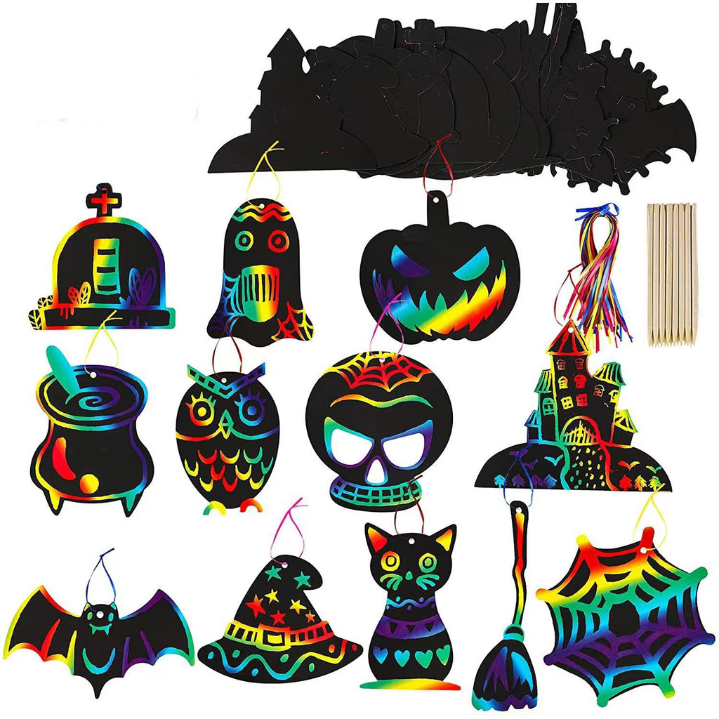 

48/96pc Halloween Scratch Art Paper Magic Painting Paper with Drawing Stick For Kids Toy Party Favor school Stationery Gift Pack
