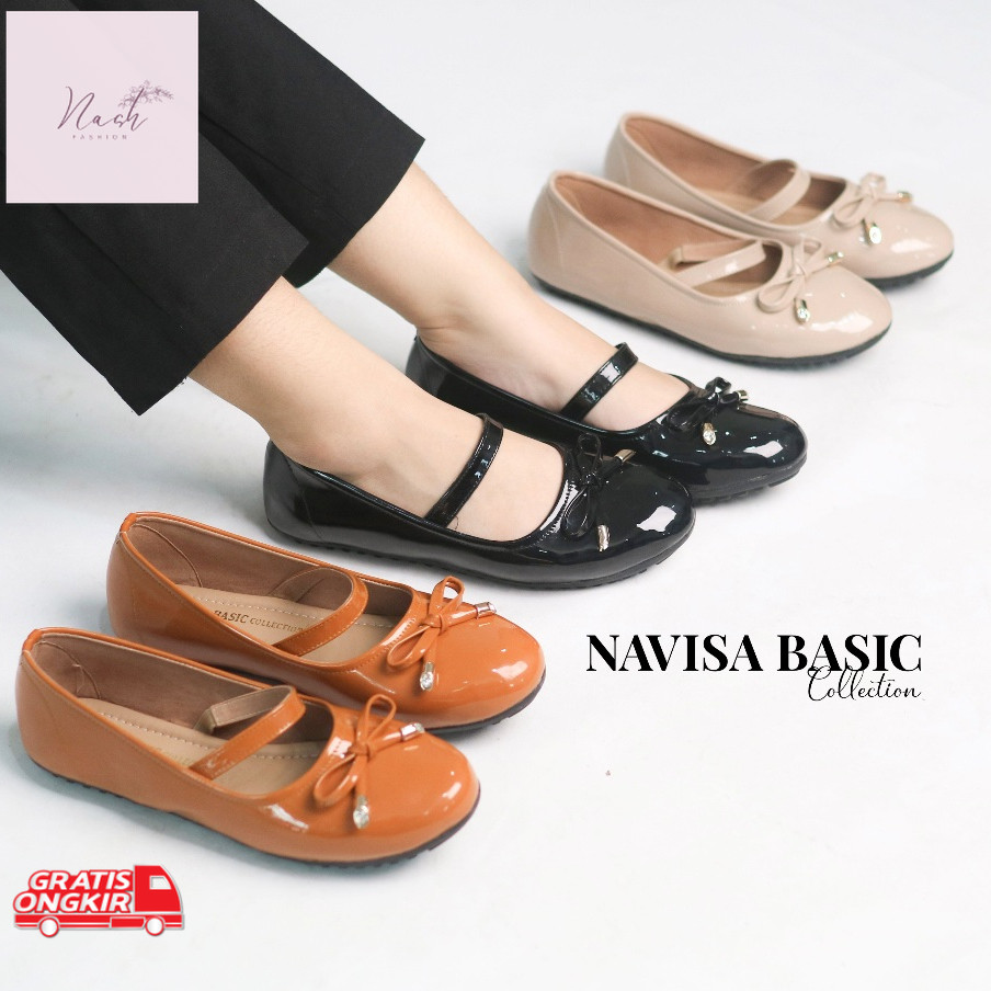 Sepatu Korea / Sepatu Wanita Flatshoes Tali Wanita Motif Kulit sintetis Glosy Super Empuk Navisa Bas