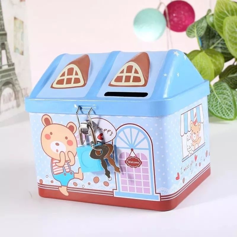 CELENGAN KALENG Kunci Mini SAVING BOX TEMPAT PENYIMPANAN UANG MOTIF RUMAH PRP