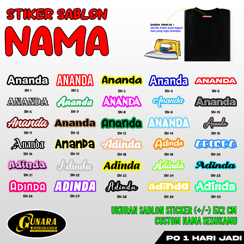 

Gunara Stiker Kain Label Nama Baju Kaos Sablon Setrika Custom Tulisan (1pack=20pcs)