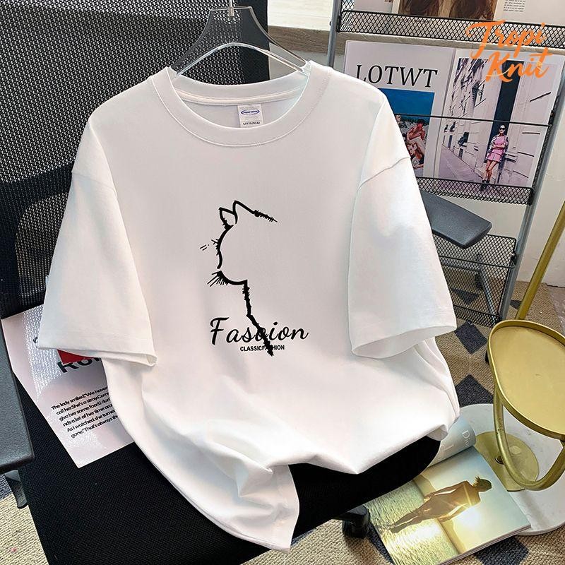 DTF T-Shirt Wanita Lengan Pendek Motif Kartun Kucing Lucu & Huruf - Katun Tipis Bernapas Premium  De