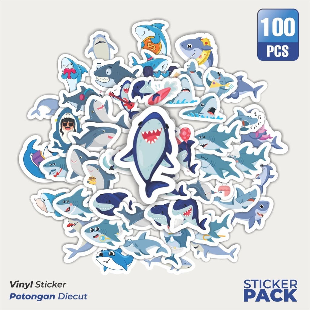 

100 PCS STIKER Hewan Ikan Hiu Waterproof Aesthetic- Untuk Laptop, Motor, dan Helm - Paper Stationery Pack