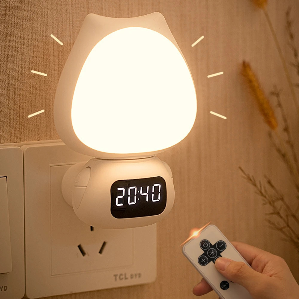 Lampu Tidur Model Kucing LED Wireless Lampu Tidur Jam Remote Digital Rechargeable