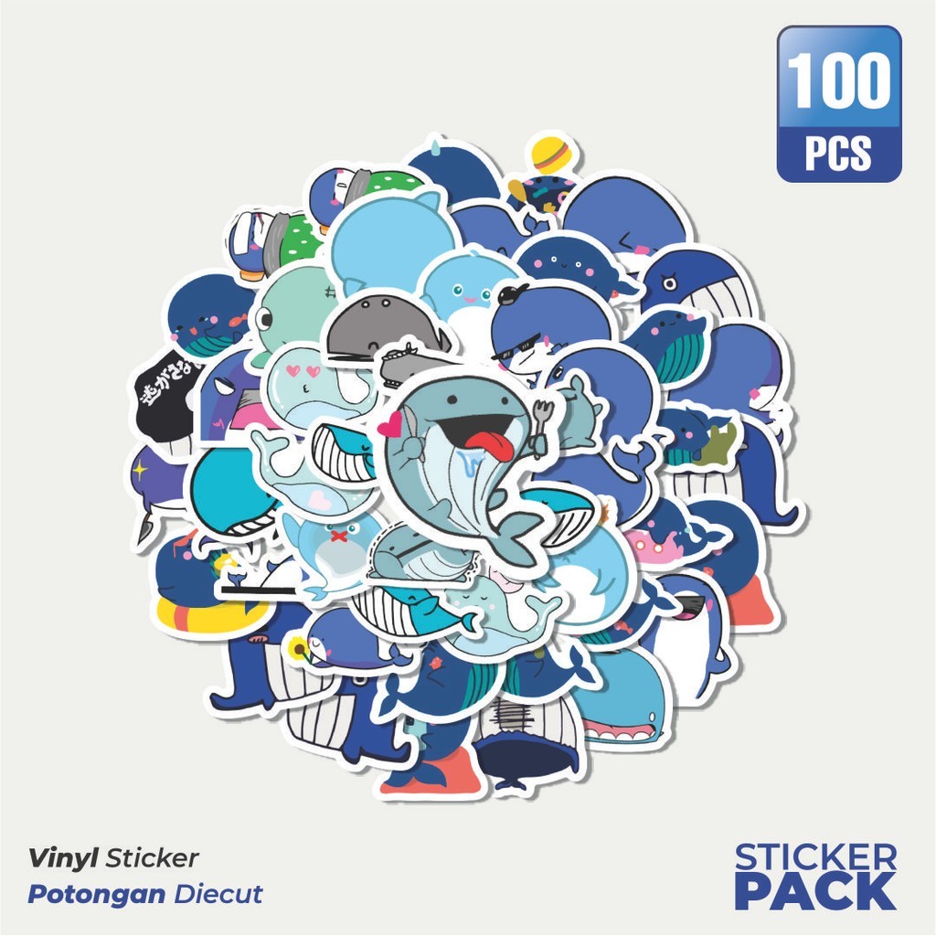 

100 PCS STIKER Hewan Ikan Paus Waterproof Aesthetic- Untuk Laptop, Motor, dan Helm - Paper Stationery Pack