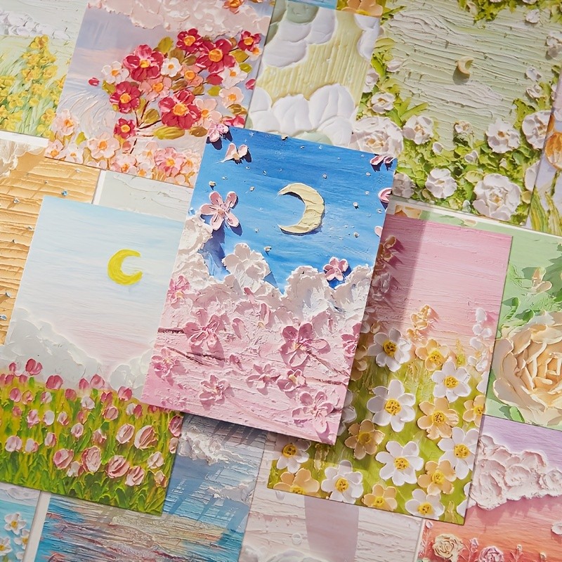 

New 30 oil painting postcards, art greeting cards, layered art greeting cards, Flower and Grass Mountain Butterfly Moon