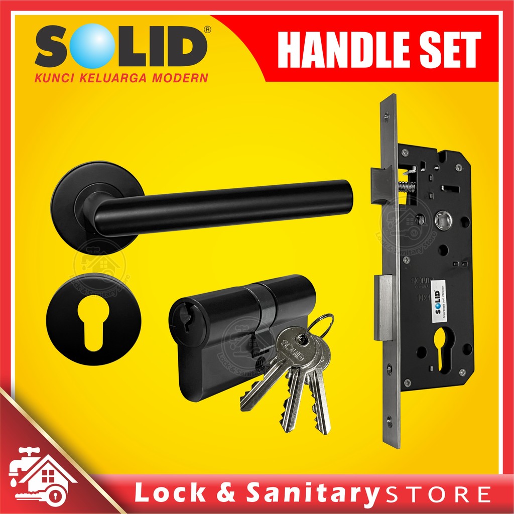 Handle Pintu Hitam Set SOLID SLD 61.41 BK+LC SS+DC BK Gagang Pintu Stainless Lengkap Komplit Set